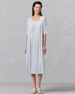 Aimer 25SS Alice Half-Sleeve Built-In Bra Long Nightdress with Lace Trim