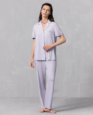 Aimer Collared Short-Sleeve Cardigan & Pant Set