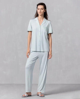 Aimer Collared Short-Sleeve Cardigan & Pant Set
