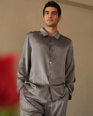 Aimer Men Mulberry Silk Camp Collar Pajama Top